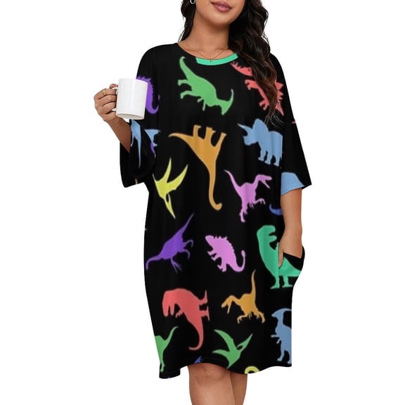 Fun Dinosaur Pattern Sleepshirts For Sleeping Travels Loose Sleepdress Pajama Dress Soft Nightdress Sleepwear