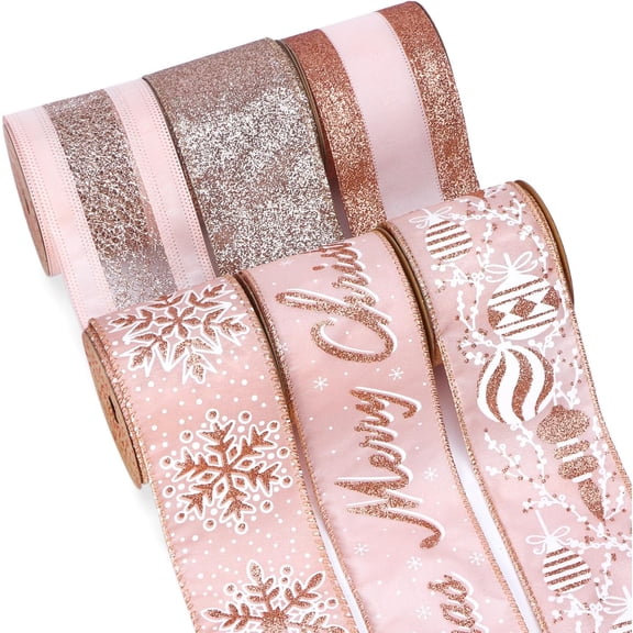 Christmas Ribbon Wired Rose Gold Christmas Tree Ribbon Snowflake Glitter Wired Ribbons for Crafts Gift Wrapping Wreaths Garland Home Decor -2.5 Inchx6 Rolls Total 36Yard