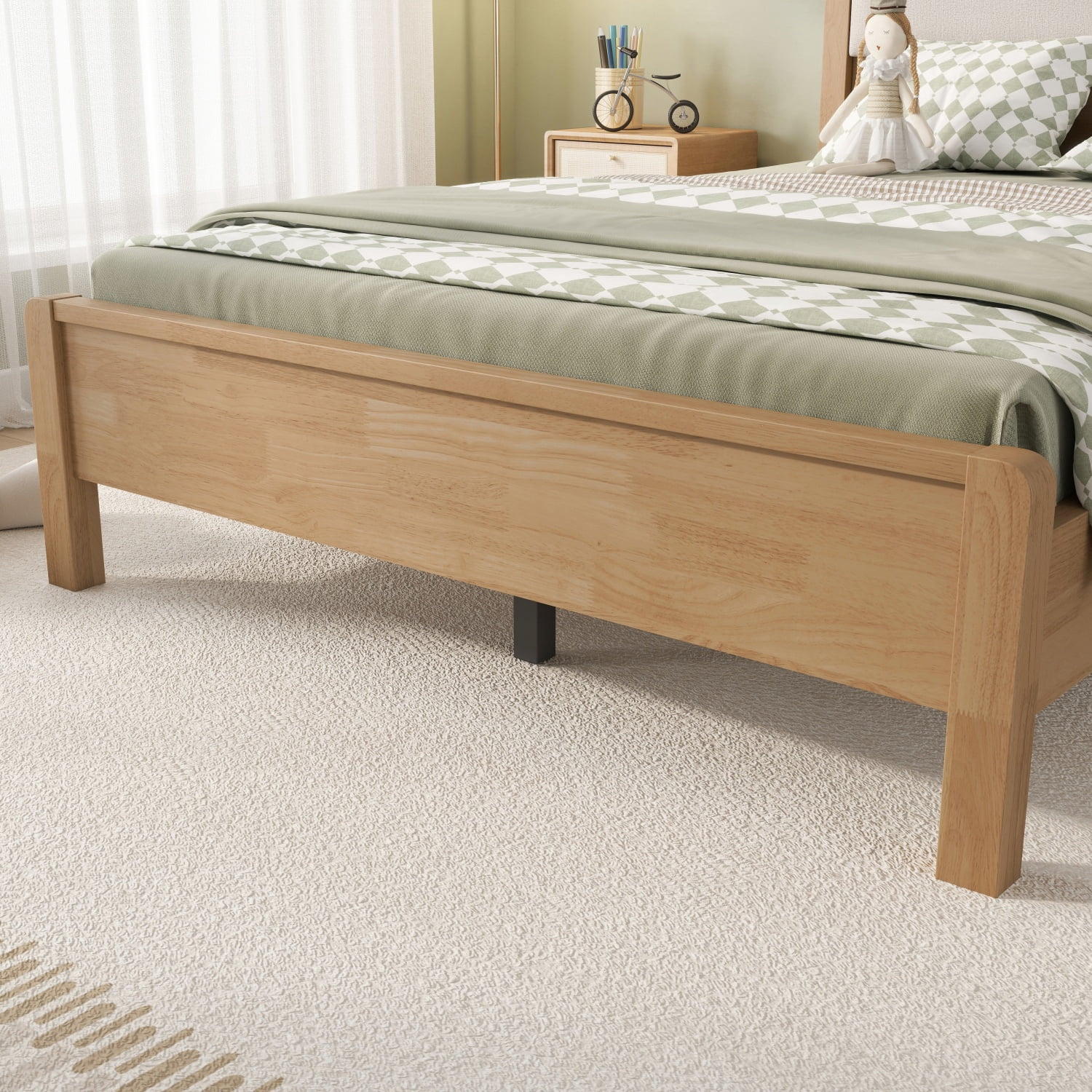 Miniyam Full Rubberwood Platform Bed Frame with Padded Upholstered Headboard, Natural