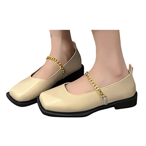 IEMIEMIEM Women's Square Toe Flat Low Heel Mary Jane Comfort Chain Strap Ballet Shoes Soft Ladies Dancing Prom Shoes Beige 5 Wide