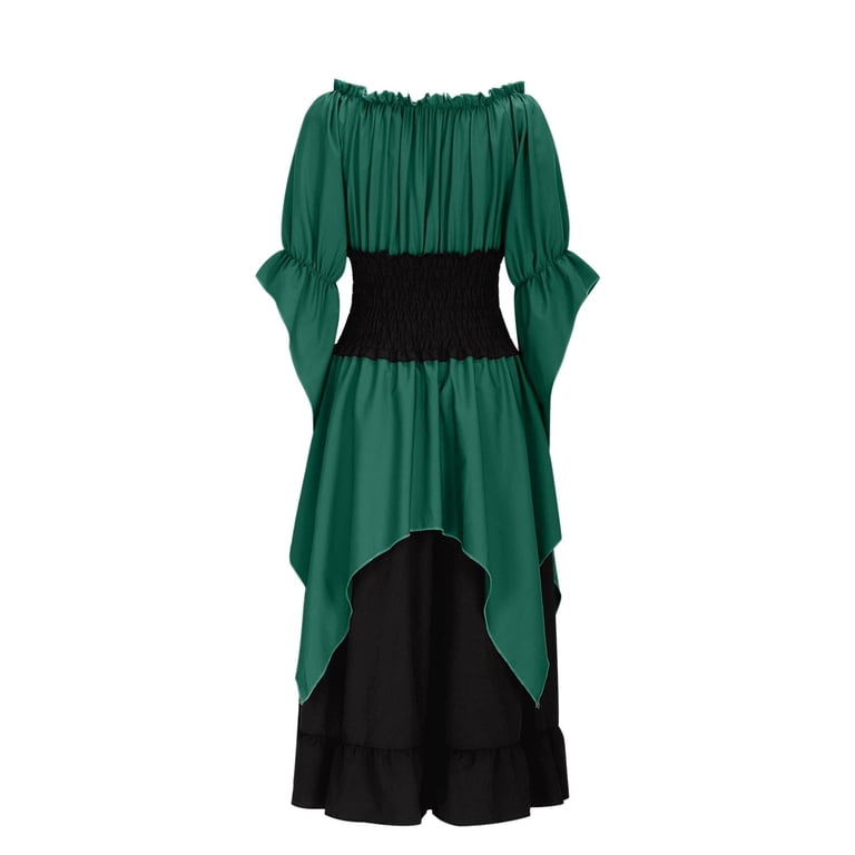 Enjoytime Dresses for Women Halloween Patchwork Flare Long Sleeves Lace Up Vintage Long Dress Elegant Off The Shoulder Medieval Goth Dress Green S,