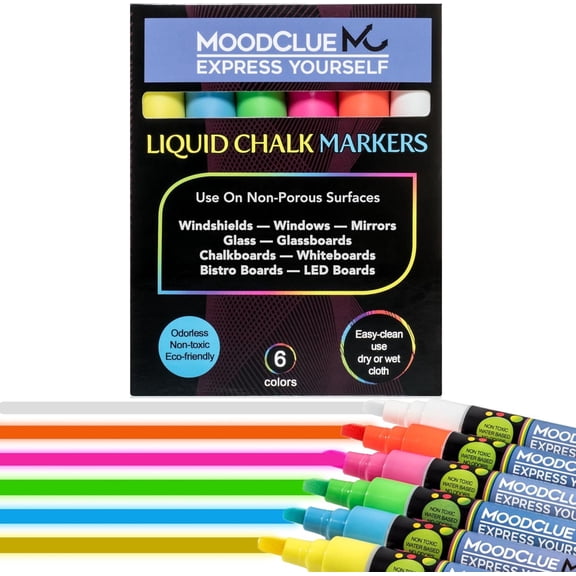 MoodClue Liquid Chalk Markers, 6 Neon Colors, Reversible Tip, Wet or Dry Erase, Washable, Non-Toxic, for Glass, Windows, Mirrors, Whiteboards