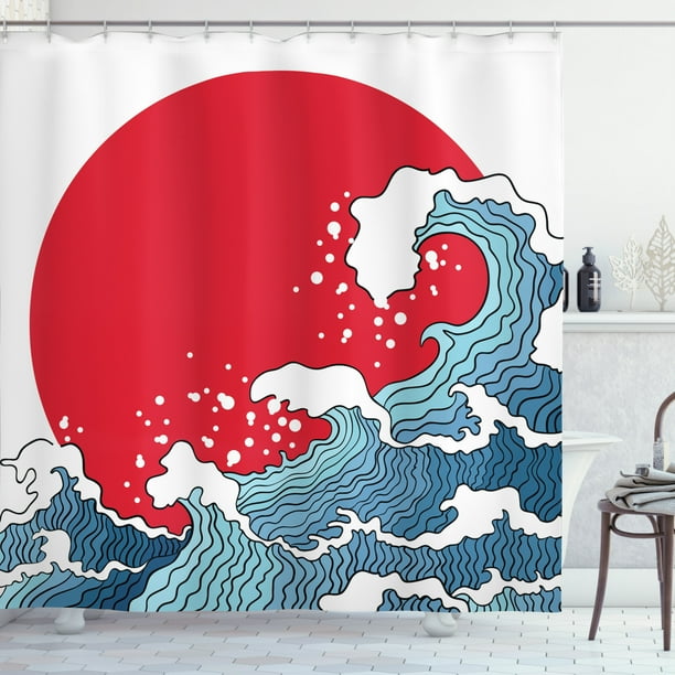 Japanese Wave Shower Curtain Big Red Sun Setting Scenery Tropical Nautical Artistic Tsunami Swirls Fabric Bathroom Set With Hooks 69w X 84l Inches Extra Long Blue White By Ambesonne Com Japanese Wave Shower Curtain Big Red, Japanese Shower Curtain