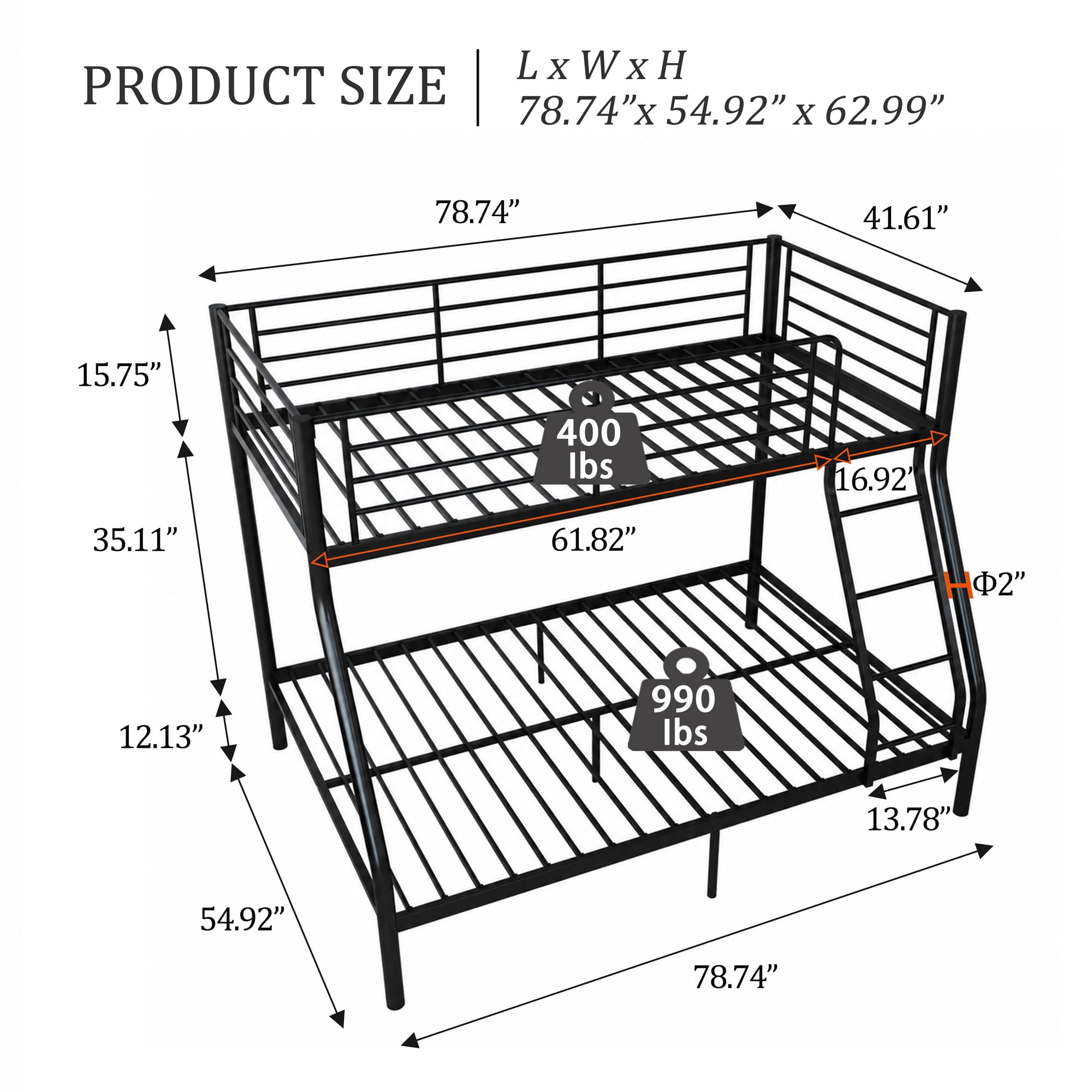 Alvantor Twin over Full Metal Bunk Bed with 990 lb Bottom Capacity, Guardrails, Black