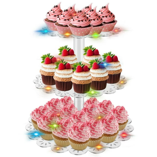 POINTERTECK Cupcake Stands with 3 Tier Colorful Light Strip Round Acrylic Cupcake Holder Reusable Cupcake Tower Stand Transparent Dessert Tower Display Non-slip Cupcake Display Stand for