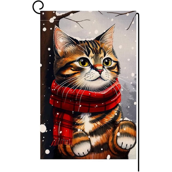 Shmbada Christmas Cat Garden Flag 12x18 Vertical Double Sided Snow Winter Holiday Outside Decorations Burlap Yard Flag