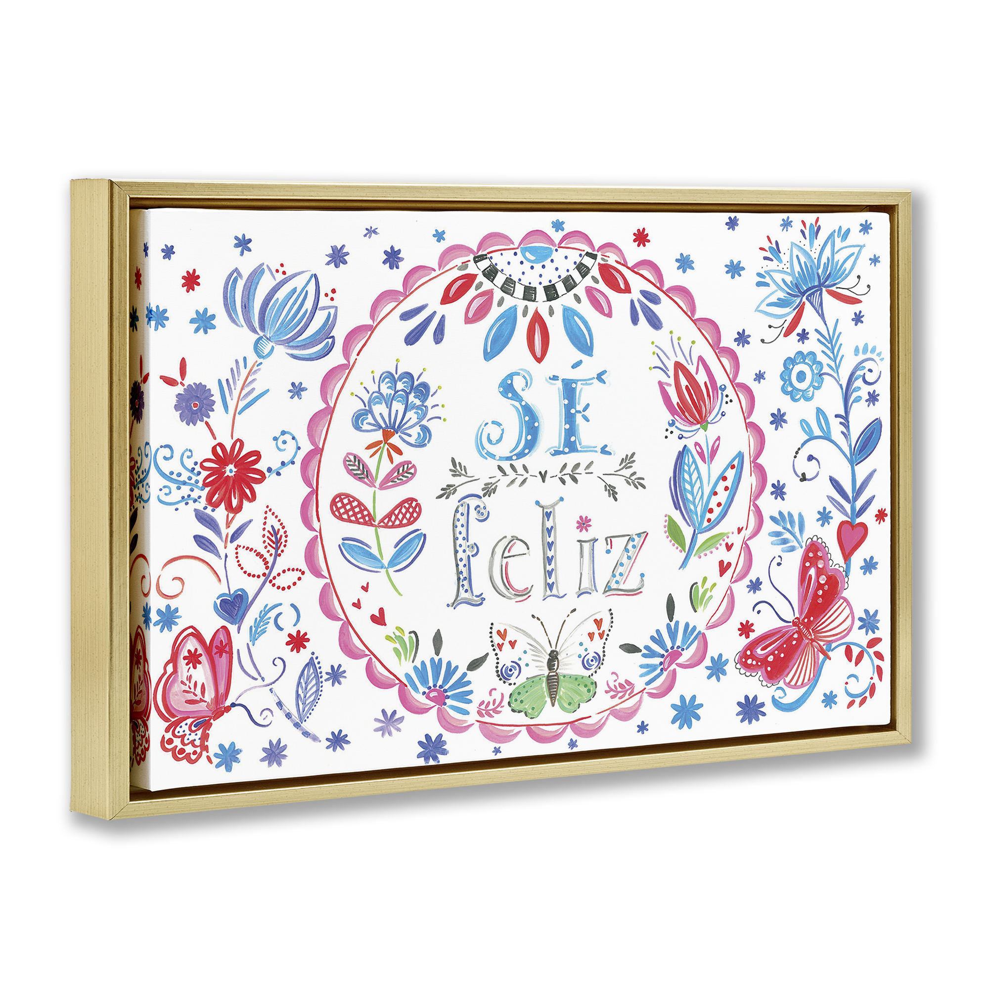 Stupell Industries Se Felices Mariposas Florales Inspirational Quotes & Sayings Drawing Gold Floater Framed Art Print Wall Art, 31 x 21