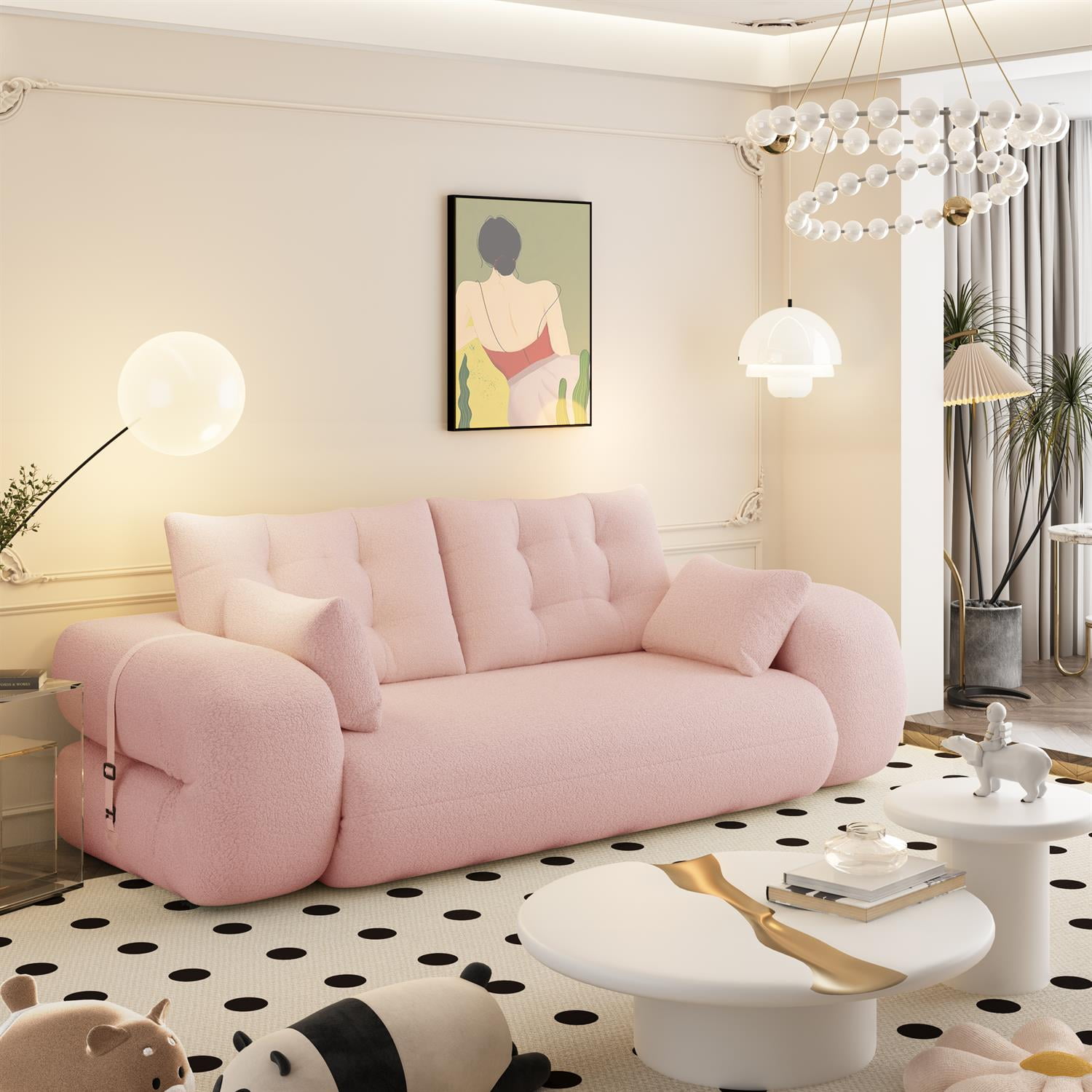 Demi Bonn 78" Cozy Sofa Couch, Foldable 3-in-1 Sleeper Bed, Multi-Functional Lazy Sofa for Living Room, Playroom, Comfortable Foam-Filled, Pink