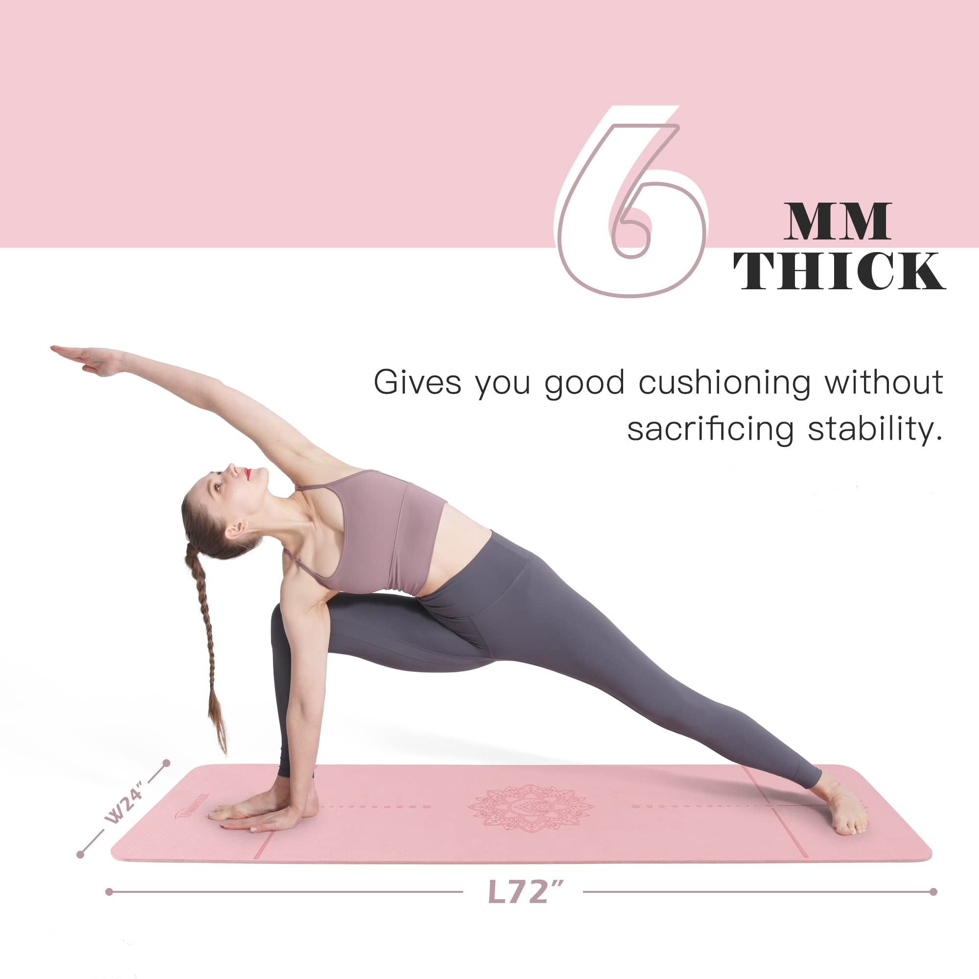 Yoga Mat 72"x24" Parfait Pink & Gray Non-Slip Exercise Mat for Pilates Fitness Home Workouts