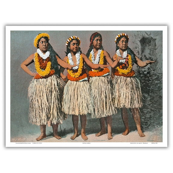 Four Hawaiian Hula Dancers - Vintage Hawaiian Color Postcard c.1880s - Master Art Print (Unframed) 9in x 12in