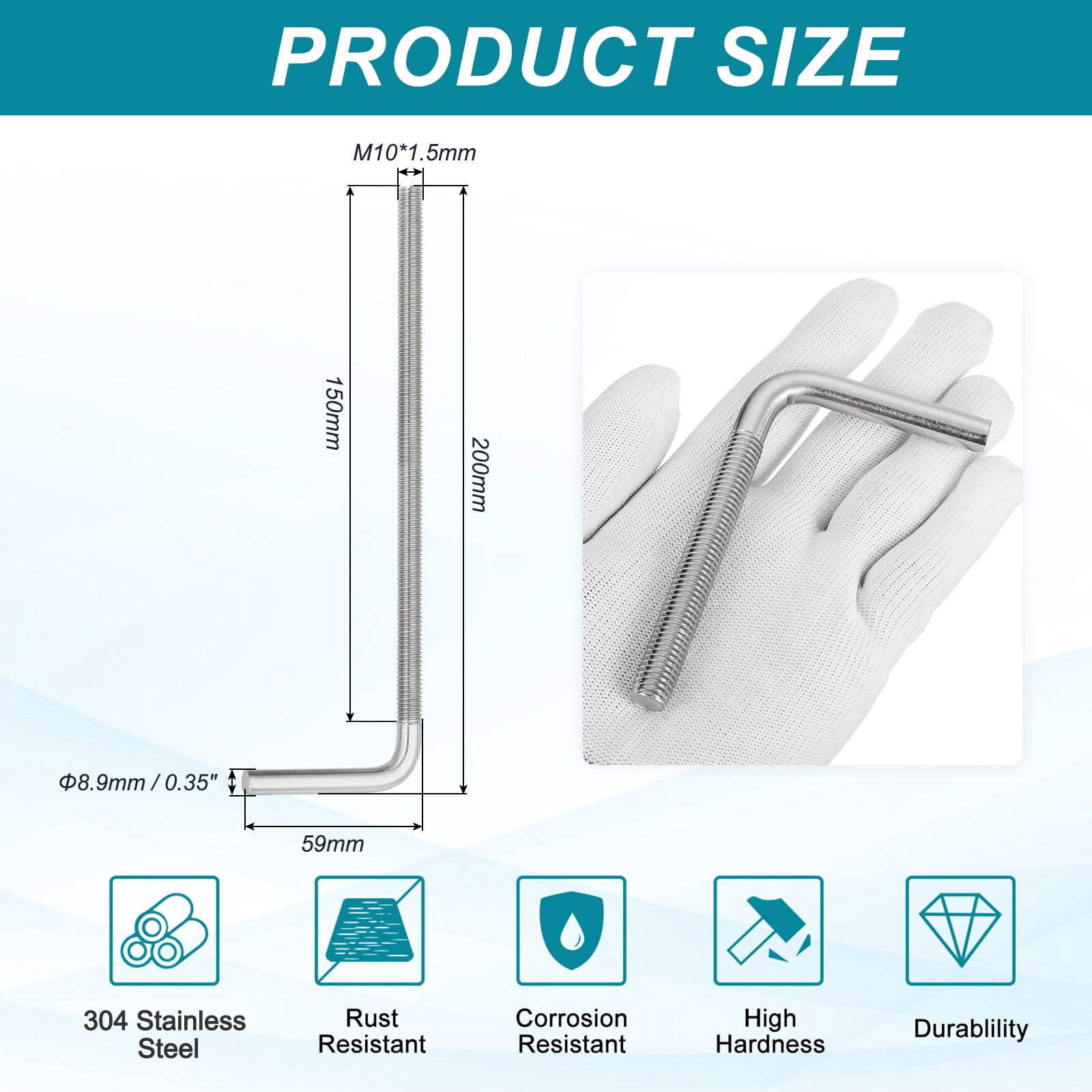 Uxcell M10x200mm 7/L-Shaped Right Angle Bolt Screw, 304 Stainless Steel L Shape Foundation Bolt Long Square Bend Screw, 5 Pcs