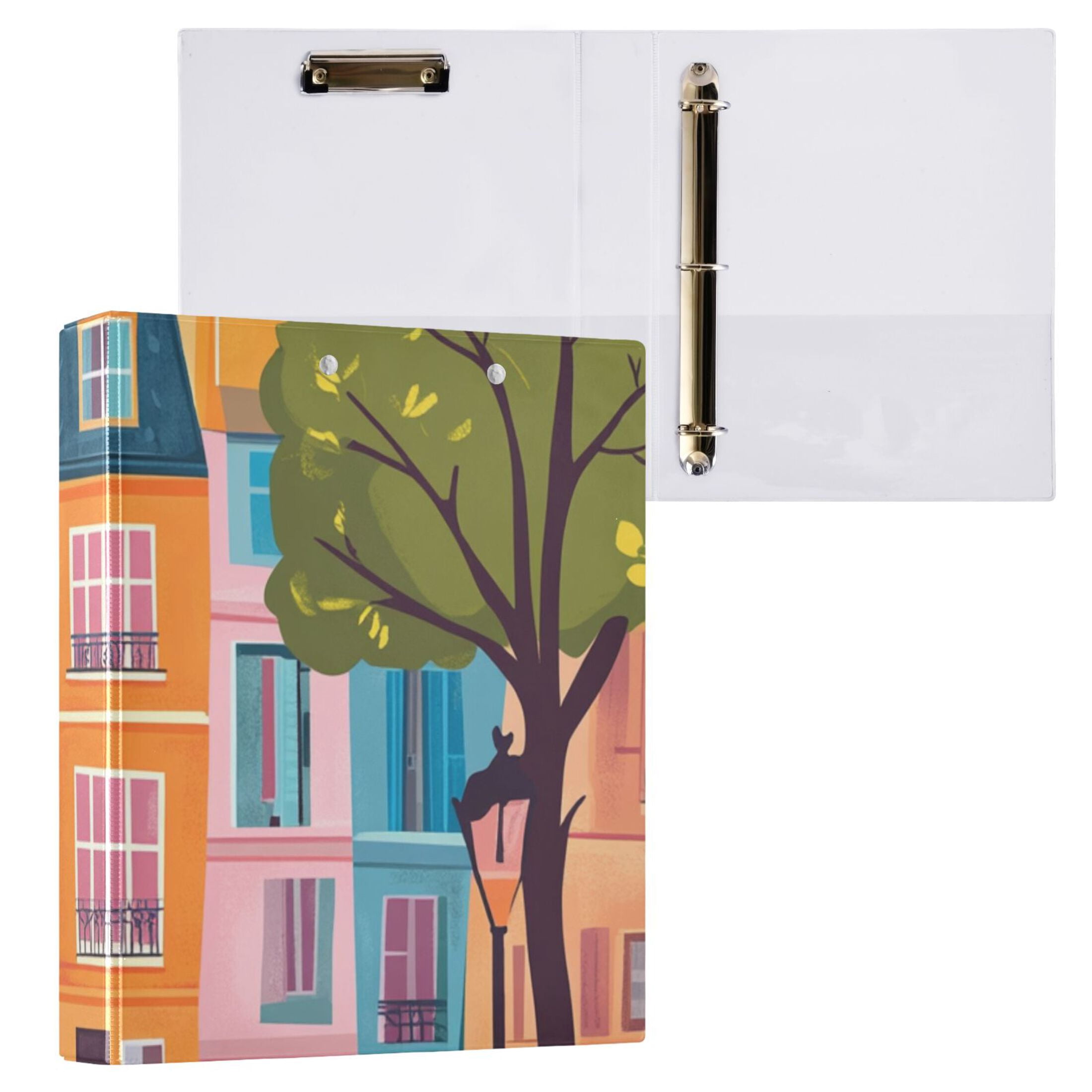 Houses Street 3 Ring Binders 1.5 inch Hardcover File Folders with Interior Pockets A4 Size Organizer for School Office Hospital