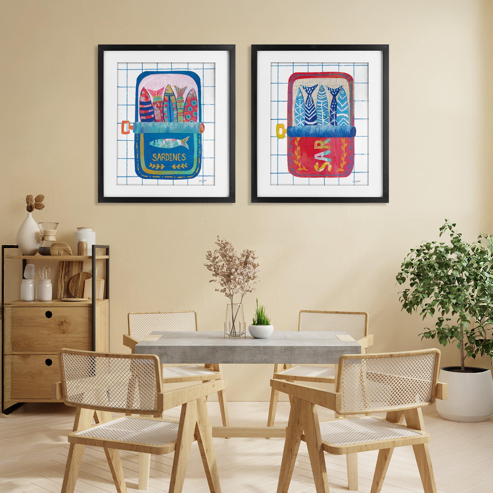 Stupell Industries Whimsical Silly Sardines 2 Piece Black Framed Print Under Glass Set, design by Courtney Prahl
