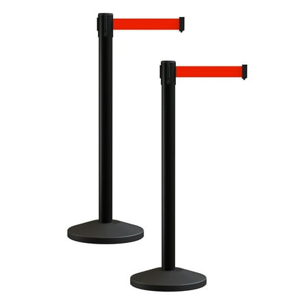 Black Crowd Control Stanchion Retractable Belt Barrier with 11 Ft Red Belt (Set of 2)- MLine 630