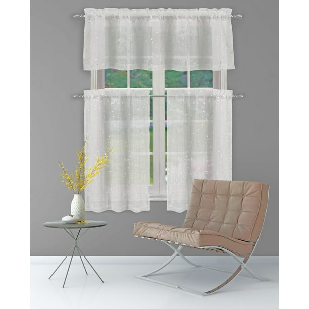 SHEER Light Gray Window Curtain Valance Silver Raised Metallic