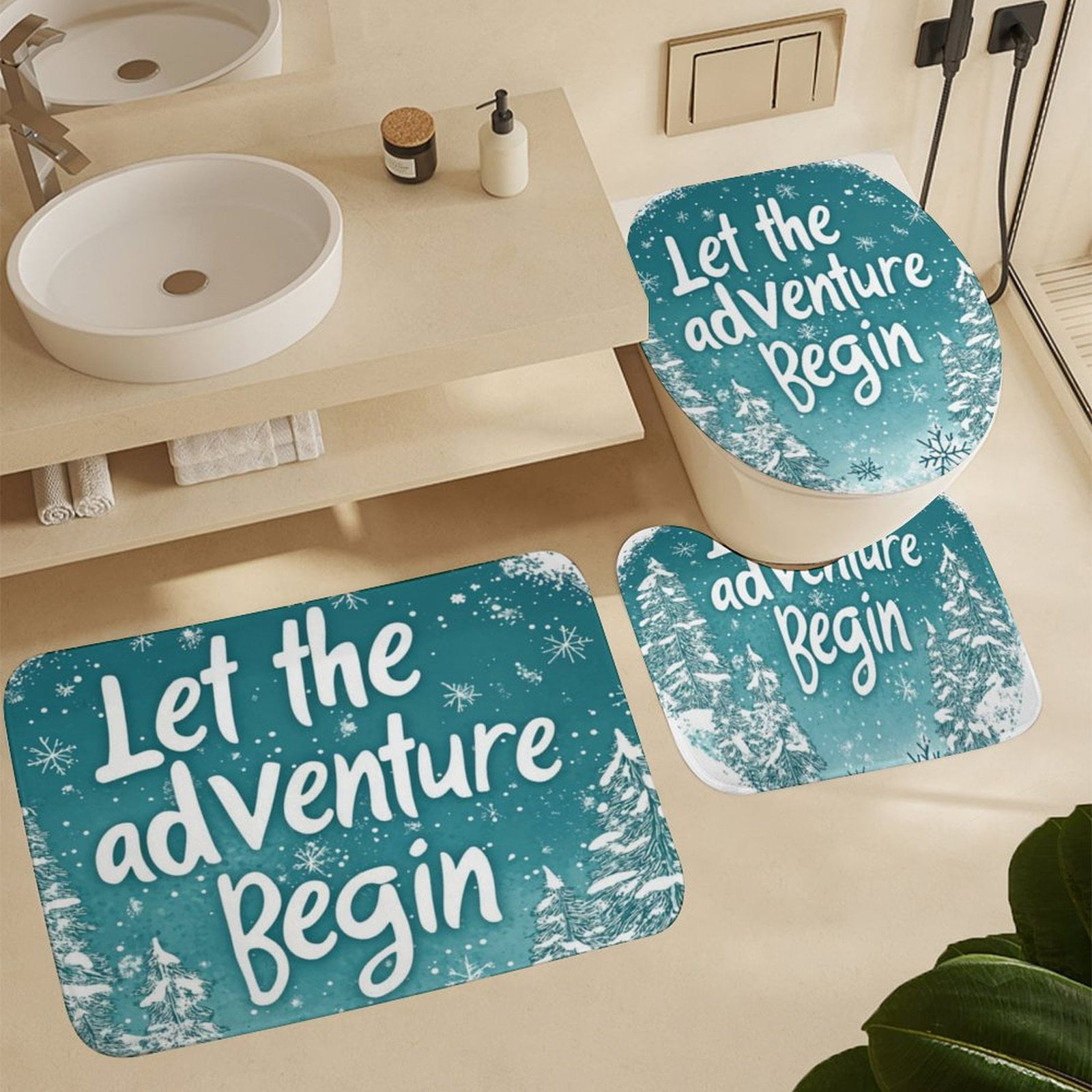 Let The Adventure Begin Shower Curtain 4 Piece Set Shower Curtain And Rugs Shower Curtain Set Xmas Tree Snow Winter Waterproof Fabric Bath Curtain for Bathroom Decor Set
