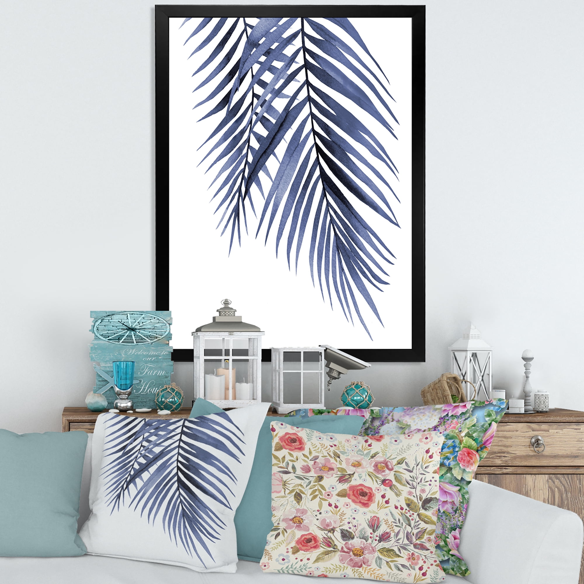 Designart 'Abstract Blue Palm Leaves Tropical Branches' Traditional Framed Art Print