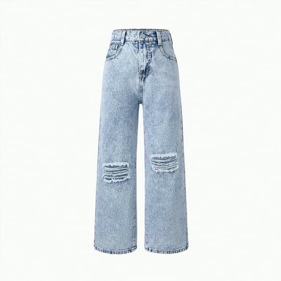 TOWED22 Girls High Waisted Straight Leg Jeans Denim Long Pants with Pocket(Light Blue,11-12 Y)