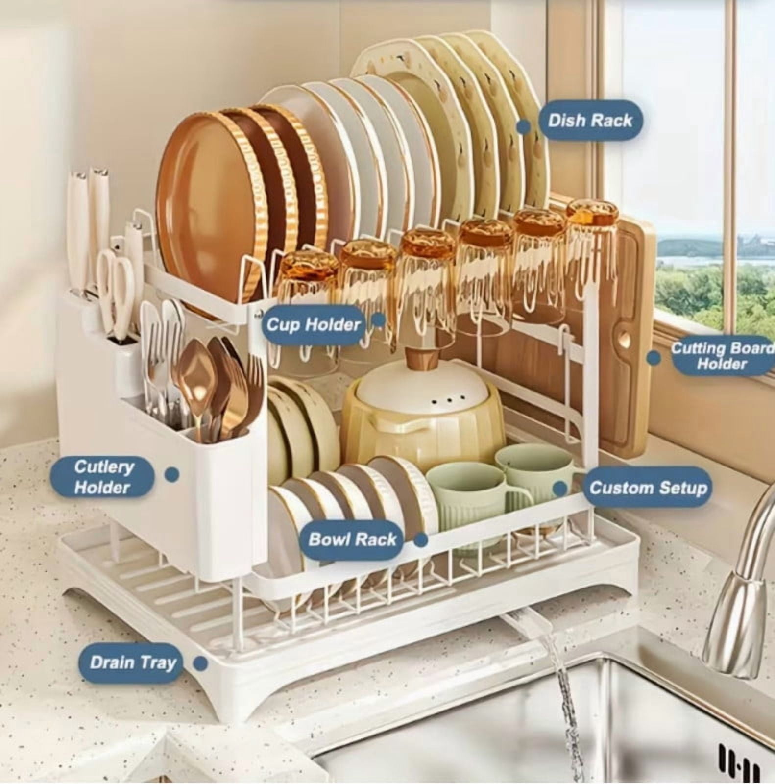 Dish Drying Rack, 2 Tier Large Dish Drying Rack for Kitchen Counter with Drainboard Stainless Steel Dish Drainer for Dish/Knifes/Cup/Cutting Board