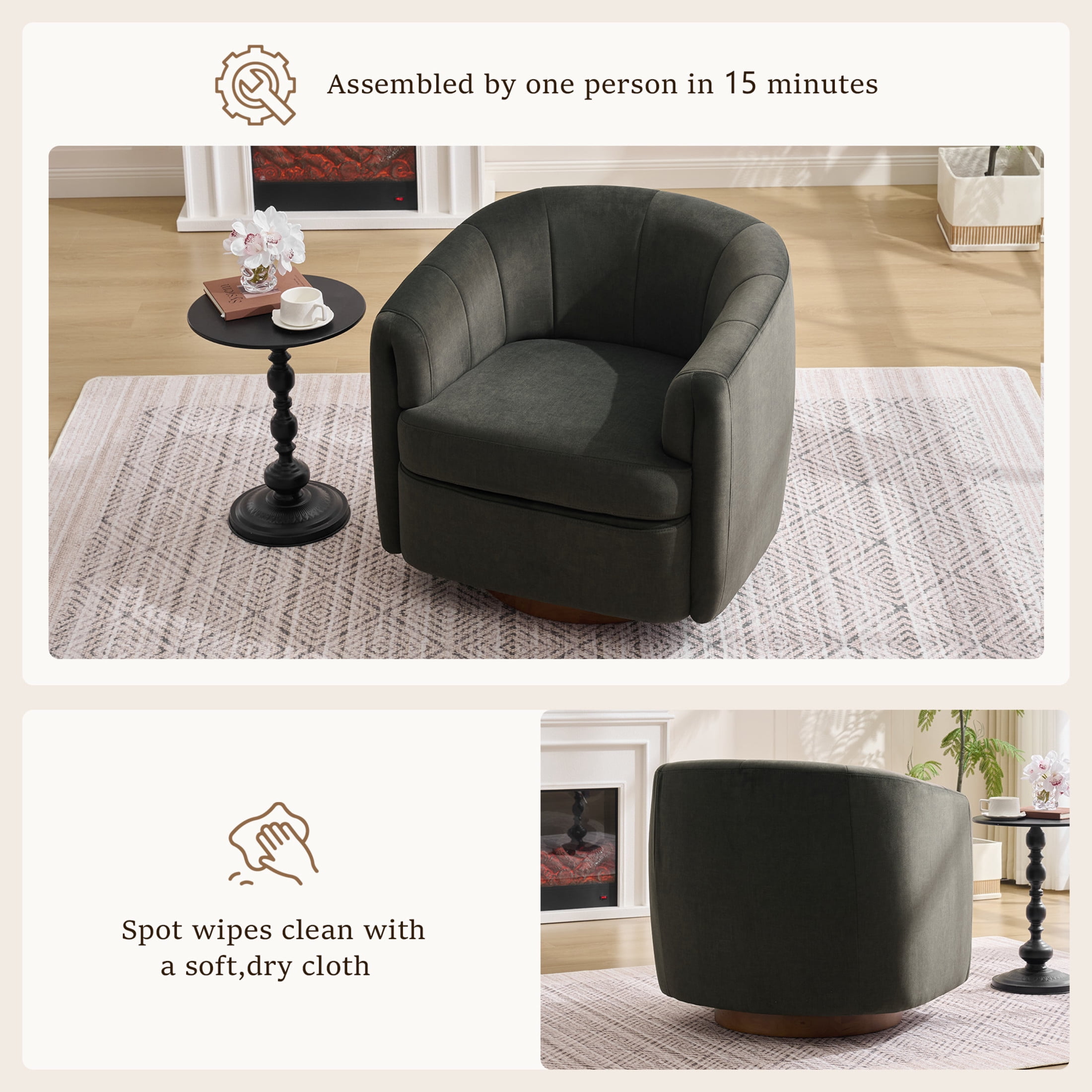 Noble House Swivel Accent Chair with Solid Wood Base, Velvet Upholstered Armchair for Living Room, Gray