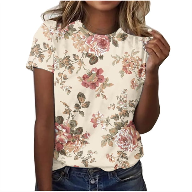 Tops Florales para las Mujeres Pullover de Impresión Casual Cuello Redondo, Blusa de Poliéster de Manga Corta para Uso Diario, Fiesta Y Verano