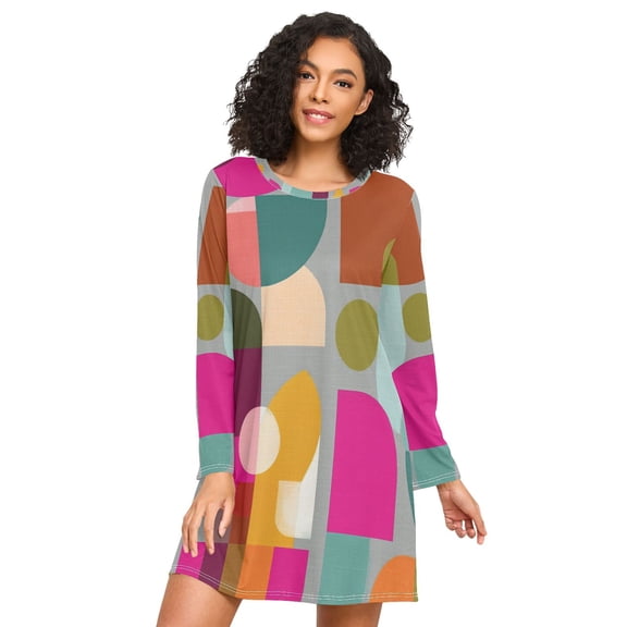 FORMRS Womens Long Sleeve Nightgowns Crew Neck Sleep Shirt Soft Pajamas Sizes S-3XL, Abstract Geometric Pattern