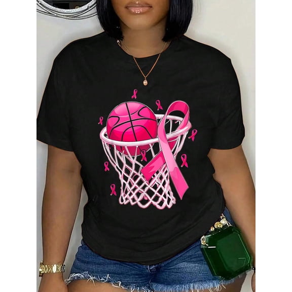 Breast Cancer Awareness Basketball Pink Ribbon Sport Lover T-Shirt Graphic Tee summer Tops For Women Round Neck Fashion Cotton shirts