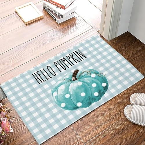 Doormat Indoor Home Decor Door Mat Thanksgiving Floor Rugs for Kitchen Bathroom Fall Hello Pumpkin Watercolor Teal Plaid Funny Welcome Mat 16x24 Inch.