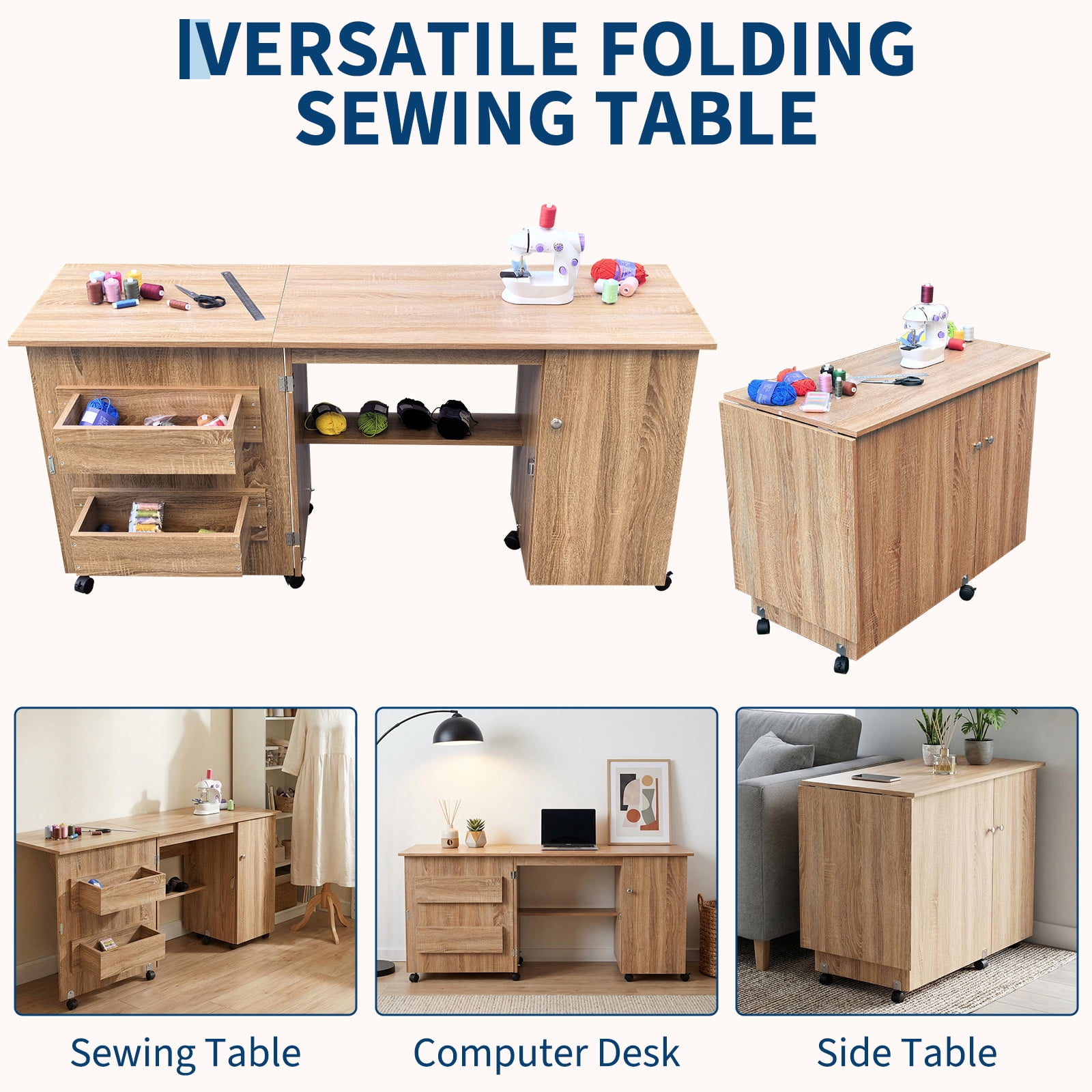 Gaderth Folding Sewing Table, Multipurpose Portable Craft Station & Side Desk with Caster Wheels, Storage Shelves, 2 Storage Trays, Magnetic Doors