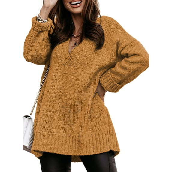 HOTAPEI V Neck Sweaters for Women Loose Casual Long Sleeve Pullover Sweater Solid Color Knitted Top