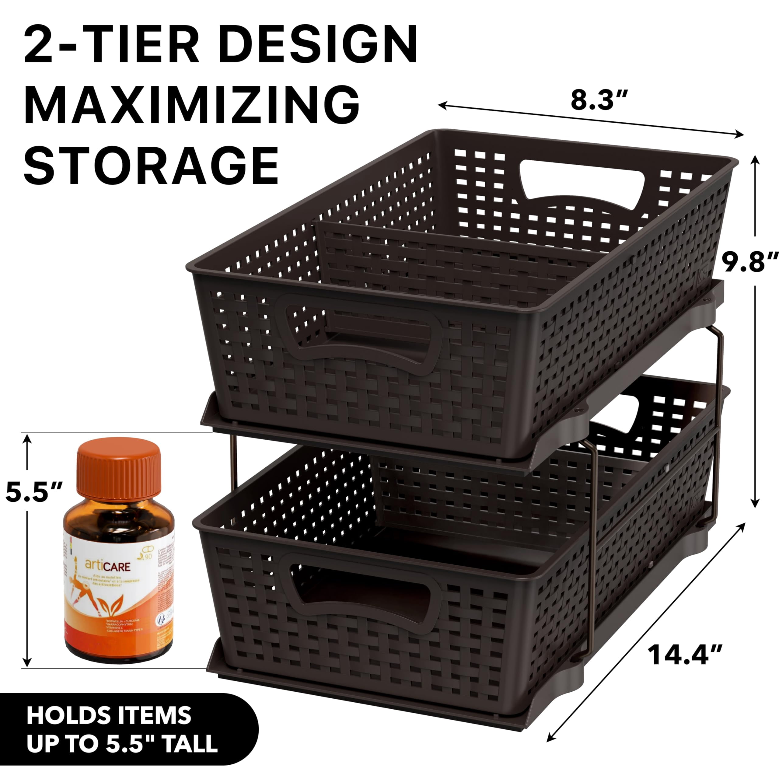 2 Tier Bathroom Organizer Tray Pull-out Sliding Drawer  Under Sink Storage Brown
