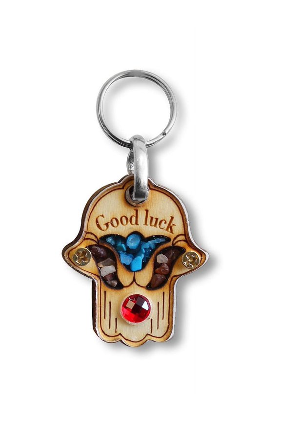 Wooden Hamsa Good Luck Key Chain Simulated Gemstones - Made in Israel
