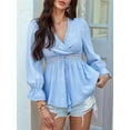 thumbnail image 5 of Women'S Wrap V Neck Puff Long Sleeve Blouse Top Puff Sleeve Ruffle Hem Casual Spring Summer T-Shirt Top Blue M, 5 of 8