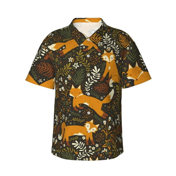 Cute Fox Hawaiian Shirts For Men, Summer Short-Sleeve Relaxed-Fit Button-Down Shirts Small