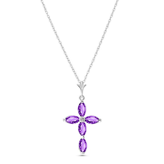 Galaxy Gold GG 14K White Gold 1.23 Carat Natural Diamonds and Amethyst Cross Pendant Necklace - February Birthstone - Peace & Wisdom - 16" to 24" - Fine Jewelry for Women