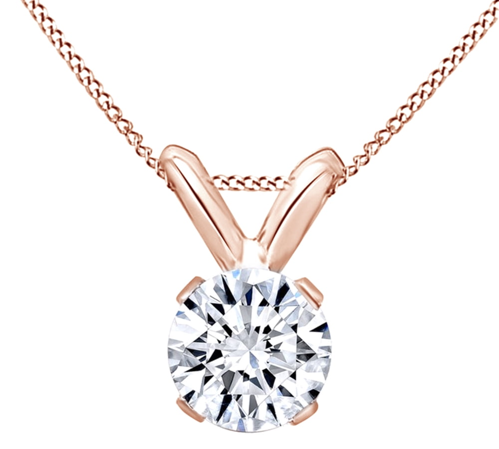 Round Cut White Natural Diamond Solitaire Pendant Necklace In 14k White Gold by Jewel Zone US