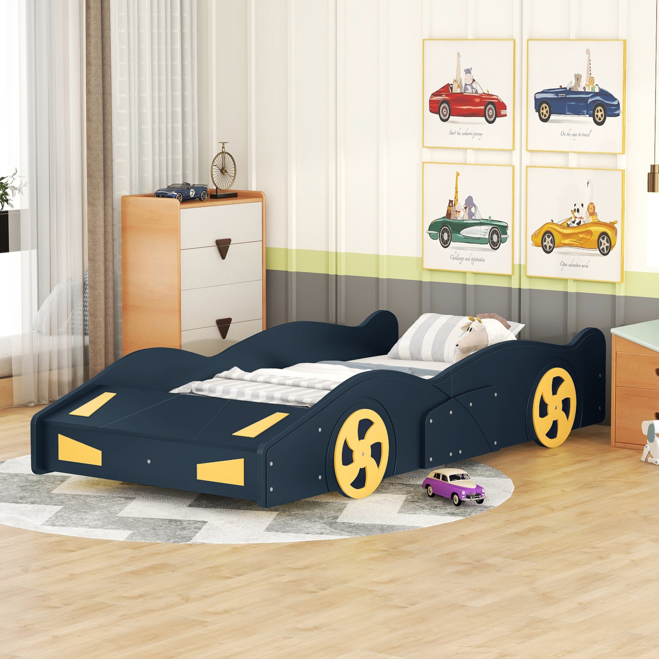 Twin Size Race Car-Shaped Platform Bed with Wheels and Storage, Dark Blue&Yellow 59AAC