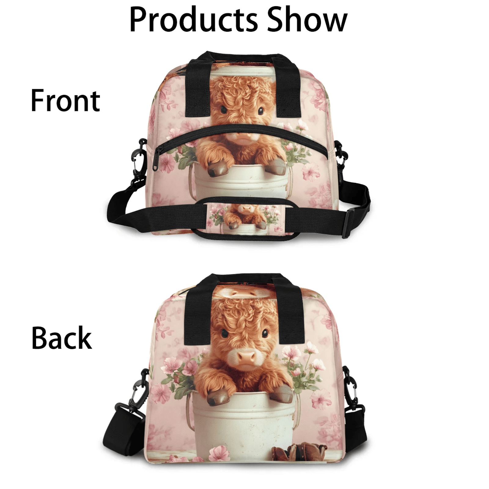 Herdesigns Pink Lunch Bag for Men Women Adults Highland Cow Insulated Lunch Box Leakproof Cooler Tote Bag Organizer with Adjustable Shoulder Strap