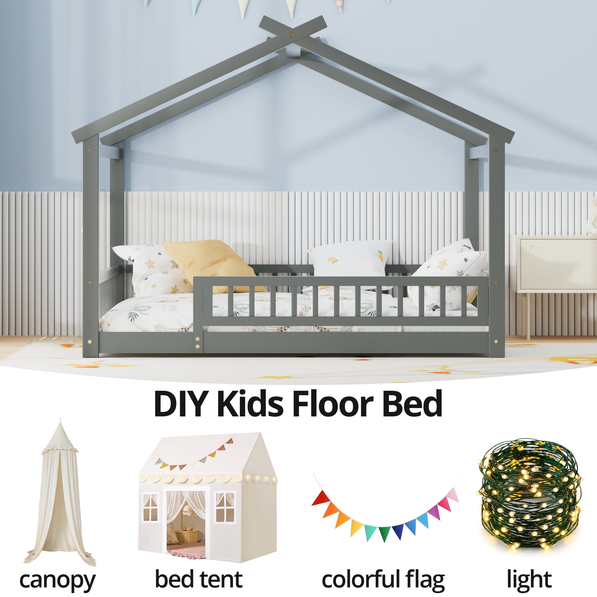 Full Floor Bed with Fence, Solid Wood House Bed with Roof, Montessori Bed Frame Playhouse Bed for Girls and Boys Bedroom, Easy Assembly, Gray