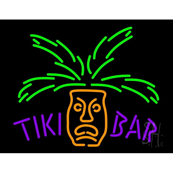 Tiki Bar with Palm Tree LED Neon Sign 24 x 31 - inches, Clear Edge Cut Acrylic Backing, with Dimmer - Bright and Premium built indoor LED Neon Sign for Bar decor.