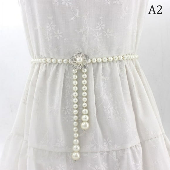 Sweet Bowknot Dress Pearl Waist Chain Rhinestone Belts for Women A2