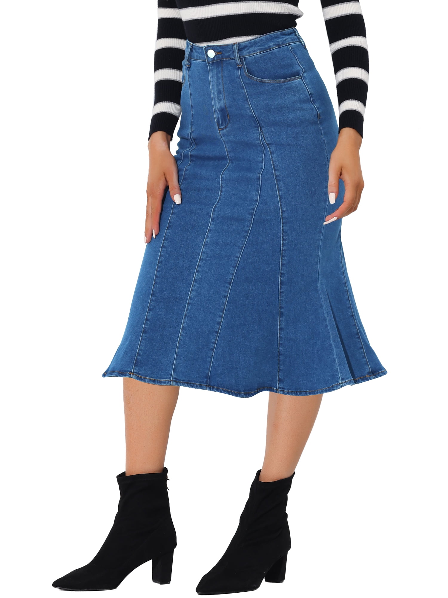 DARING DIVA Women's Denim Ruffle Fishtail Bodycon Midi Skirts L Blue