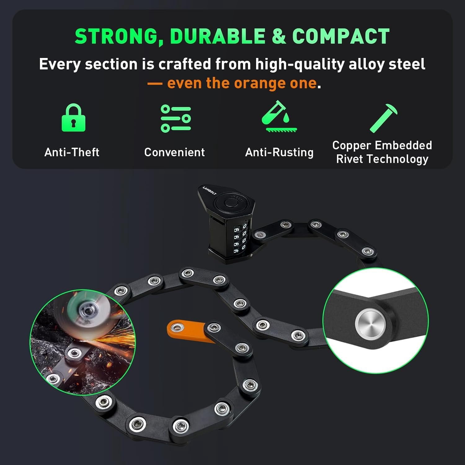 Heavy Duty Folding Combination Security Chain for Electric Scooter & Ebike, Compact Alloy Steel with Mounting Bracket