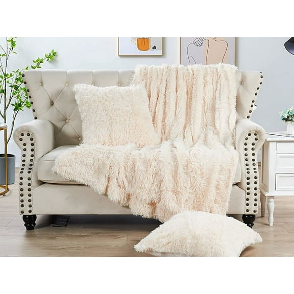Home Soft Things Shaggy Throw & Pillow Cover 3 Piece Combo - Ivory - 60" x 80"/20" x 20"