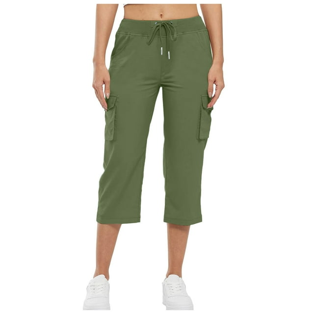 Pantalons Cargo Capri pour Femmes Randonnée Été Décontracté à Cordon Taille Haute Pantalons de Survêtement Amples avec Poches Pantalons Droits pour Femmes Lin Pantalons Décontractés Confortables