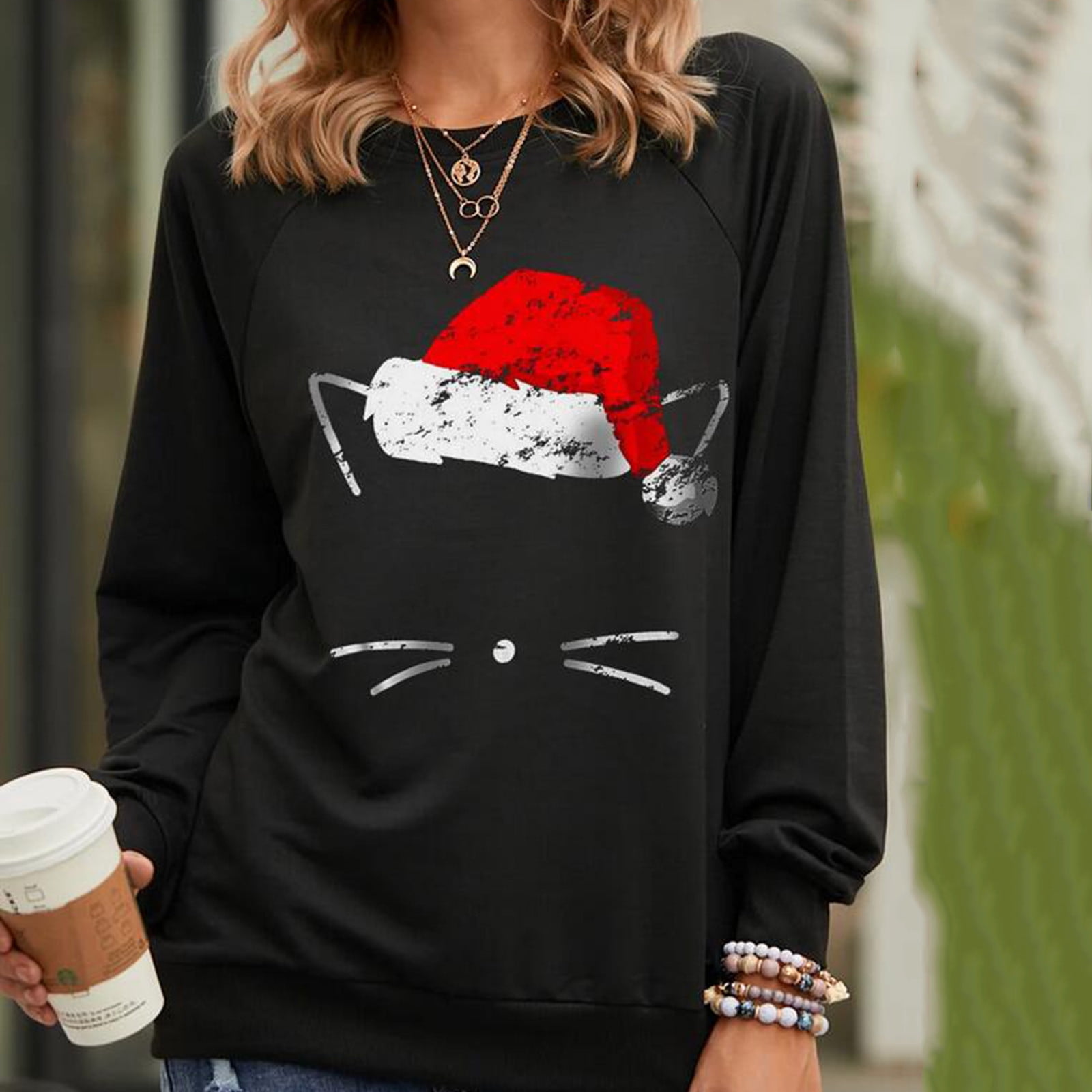 Hombom Cardigan Sweater for Women Christmas Cat Letter Print Patchwork Sweatershirt Top, Women's, Size: 2XL, Black
