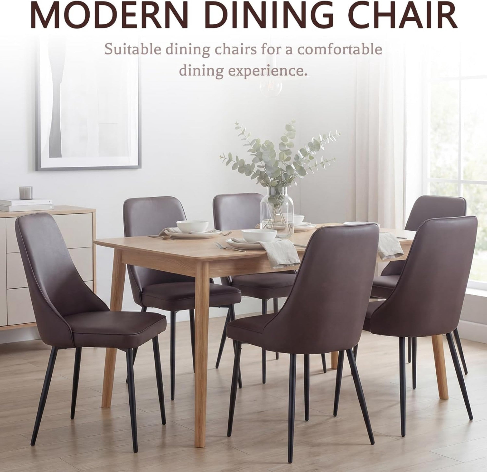 Sailvan Modern Dining Chairs Set of 6, Faux Leather Upholstered Kitchen Chairs with Ergonomic Curved Back and Metal Legs, Waterproof Side Chairs