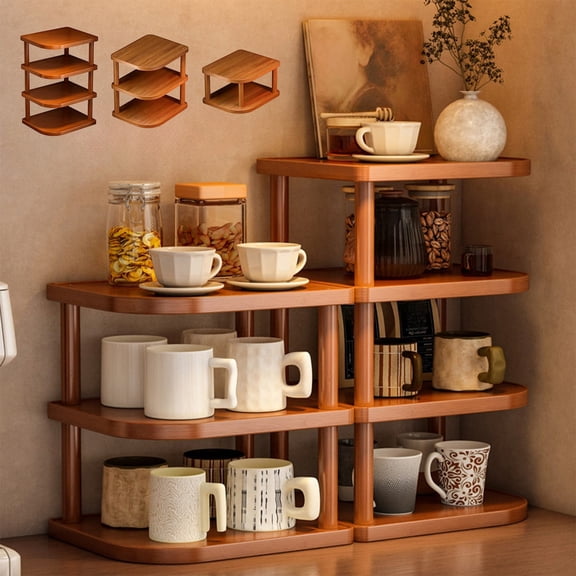 Wooden Desktop Organizer Shelf Multi Tier Corner Storage Rack Brown Office Desk Bookshelf Cup Holder Display Stand Thick Board 23.3x17x49cm