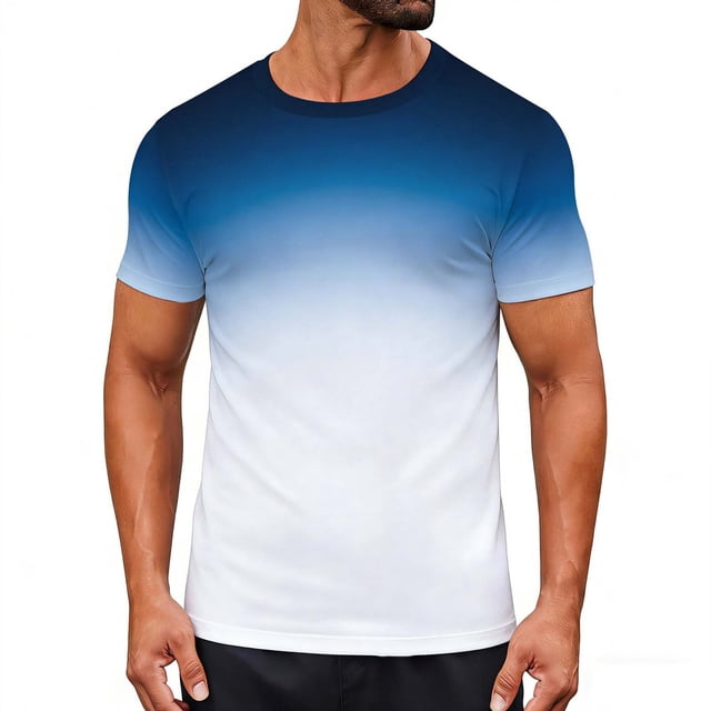 Ceisia Men's Slim Fit Blue-White Gradient Print Crew Neck T-Shirts, Breathable Stretch Casual Sports Tops Gifts