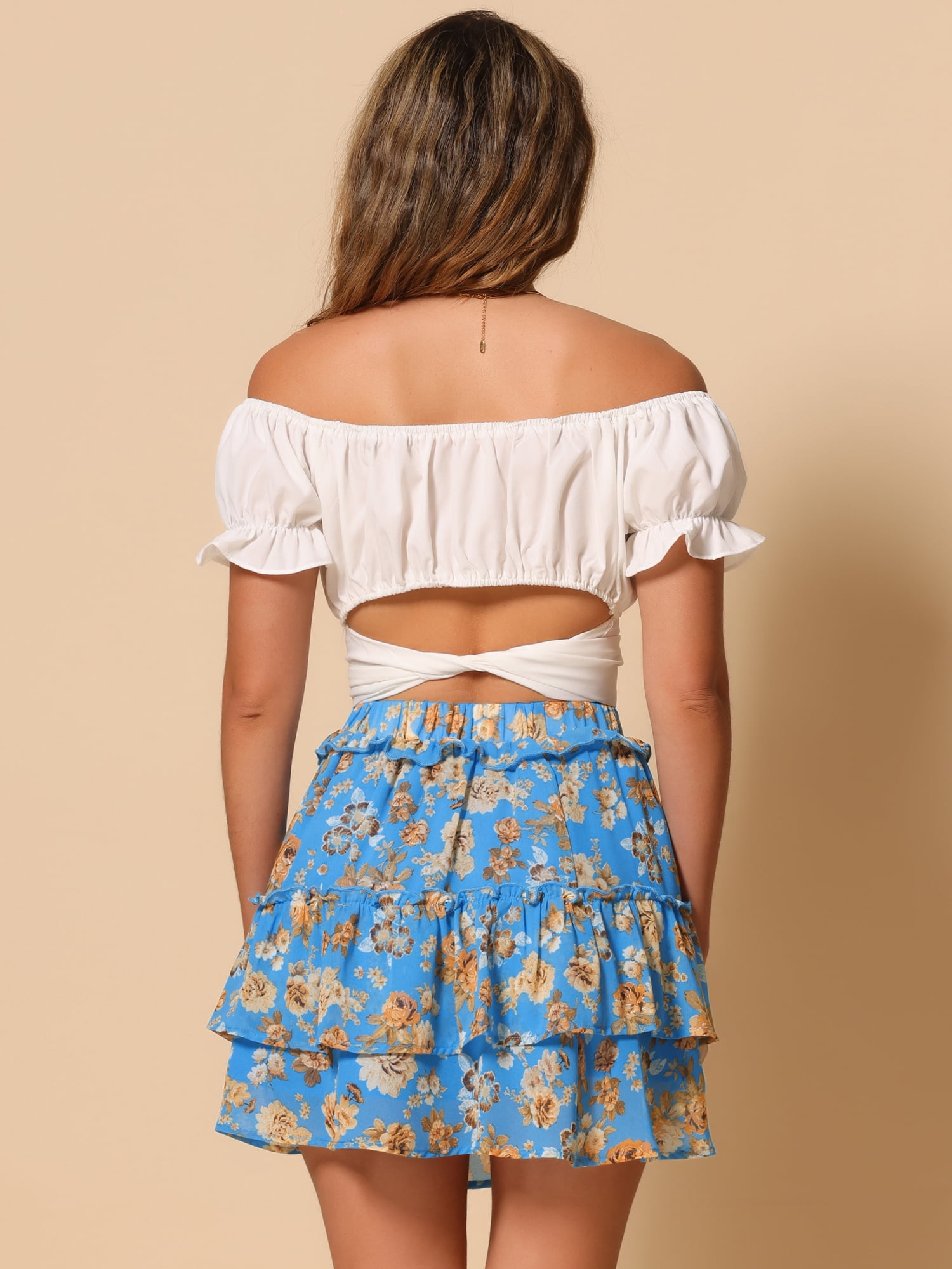 DARING DIVA Women's Elastic Waist A-Line Layered Ruffle Floral Mini Skirt XL Lake Blue